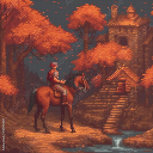 Pixel art depicting a man on horseback before a majestic castle.