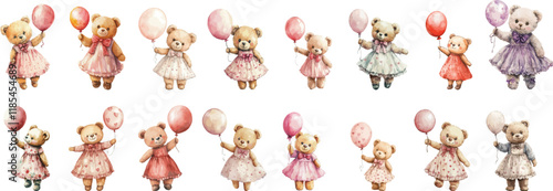 cute teddy bear dressed holding balloon for valentine watercolor clipart