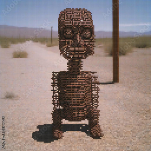 Metal man sculpture amidst desert dunes