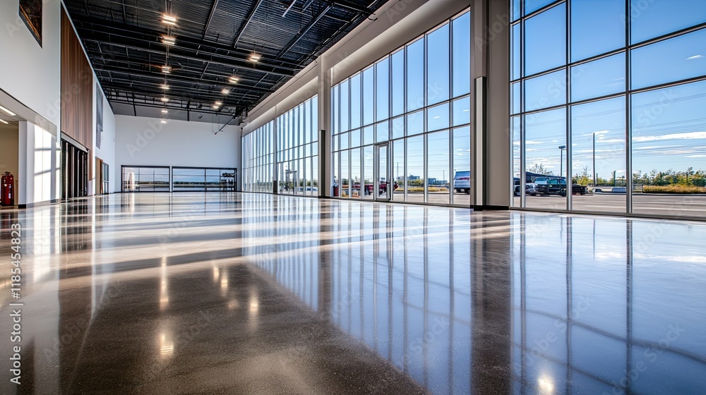 view of an empty office building corridor with glass walls and city lights view of an empty office building corridor with glass walls and city lights