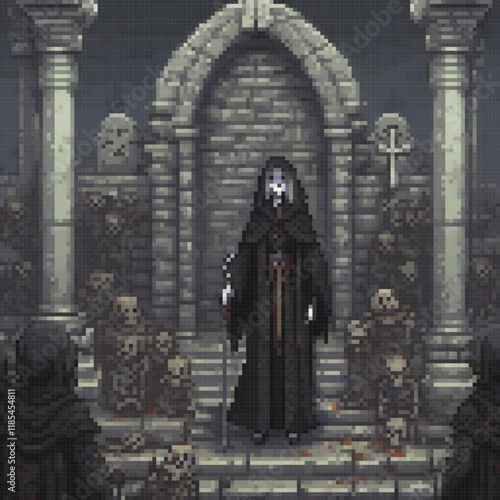 A pixel art depiction of a man in a black robe at a graveyard scene.