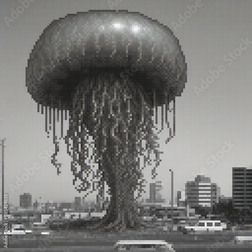 Giant black and white jellyfish amidst urban backdrop