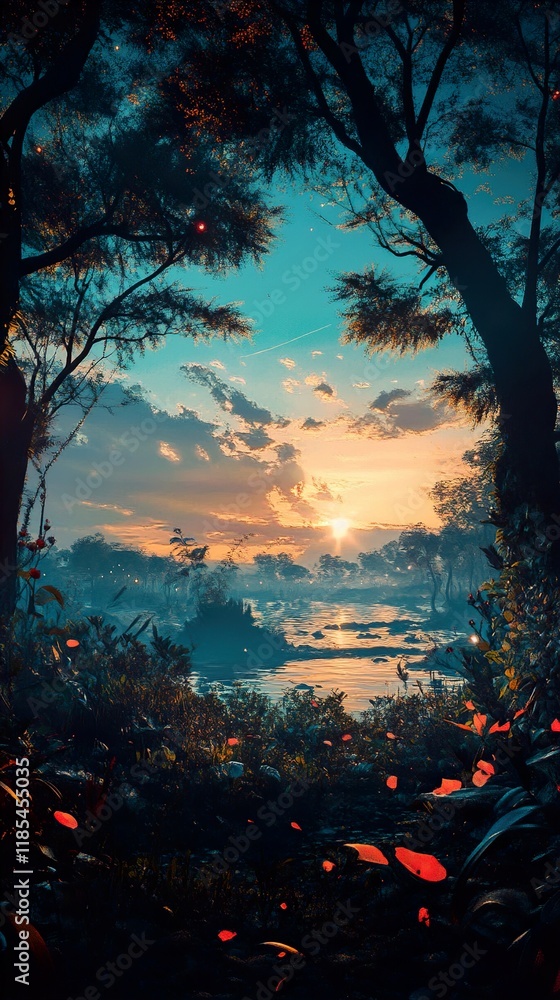 Obraz premium Sunset Landscape: Serene River, Vibrant Colors