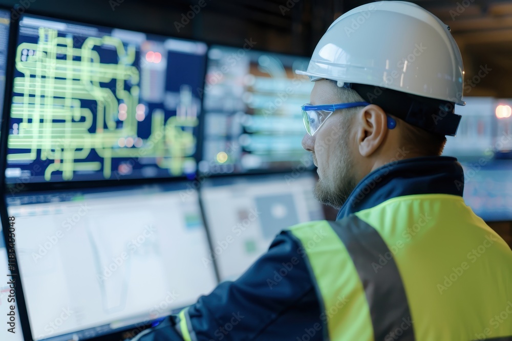Professional male engineer wearing protective helmet and safety vest analyzing data on multiple screens in a high-tech control room for infrastructure management Professional male engineer wearing protective helmet and safety vest analyzing data on multiple screens in a high-tech control room for infrastructure management