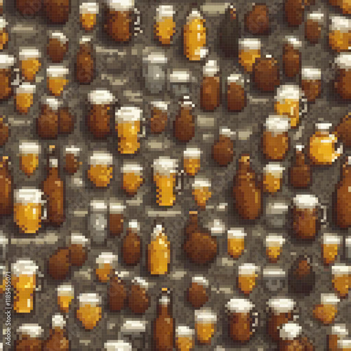 Pixel art showcasing a charming pattern of beer mugs on a rustic table.
