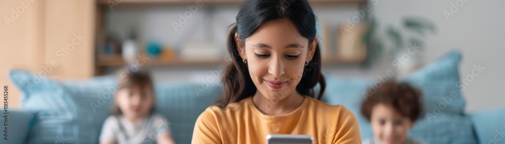 Young Mother Engaged with Smartphone While Children Play in Background, Cozy Indoor Setting with Modern Decoration and Soft Lighting Young Mother Engaged with Smartphone While Children Play in Background, Cozy Indoor Setting with Modern Decoration and Soft Lighting
