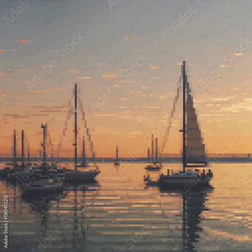 Pixel art sailboats on serene water