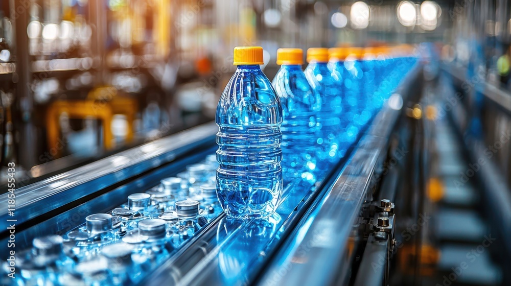Plastic water bottles with yellow caps moving along a conveyor belt in a modern bottling factory, showcasing efficiency, manufacturing, and industrial production. Plastic water bottles with yellow caps moving along a conveyor belt in a modern bottling factory, showcasing efficiency, manufacturing, and industrial production.