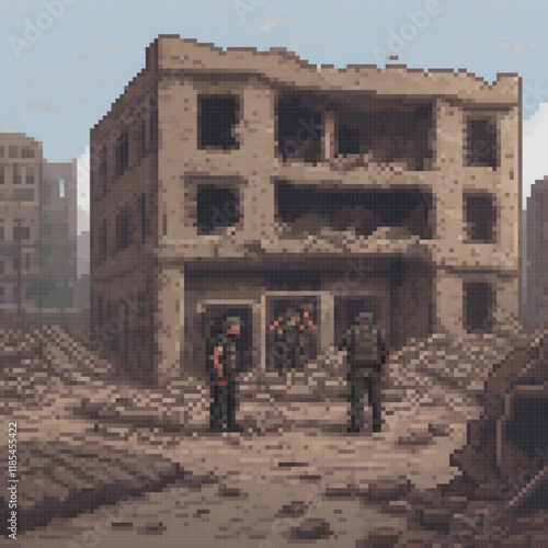 Pixel art soldiers in front of a ruined structure