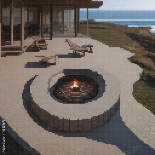 Pixel art of a cozy fire pit on a concrete patio by the sea.