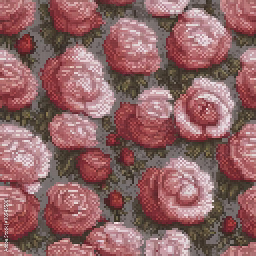 Pixel art cross stitch pattern featuring pink roses on a gray backdrop.