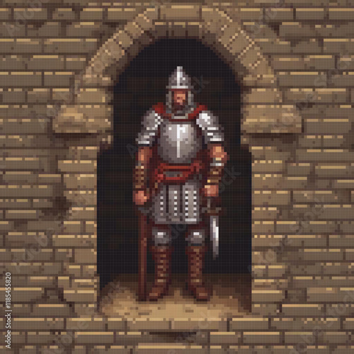 Pixel art knight heroically stands before a sturdy brick wall.