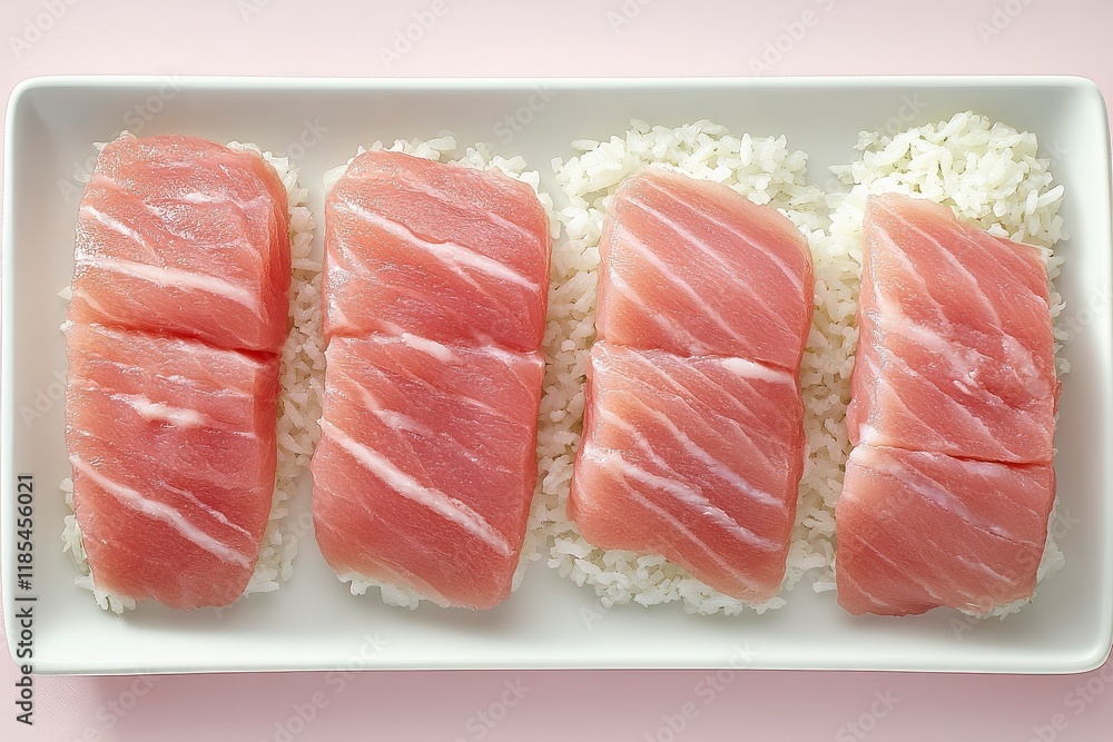 Fresh Slices of Pink Tuna on White Rice Fresh Slices of Pink Tuna on White Rice