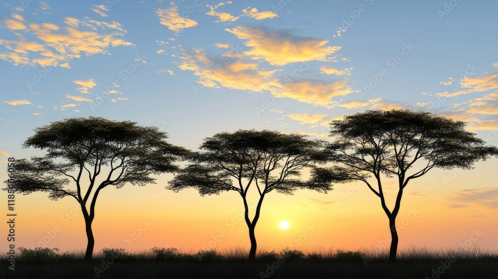 Fototapeta premium Serene African Sunset Silhouette Three Acacia Trees at Golden Hour