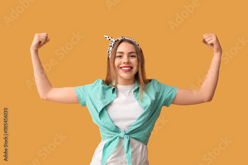 Happy young pin-up woman sh...