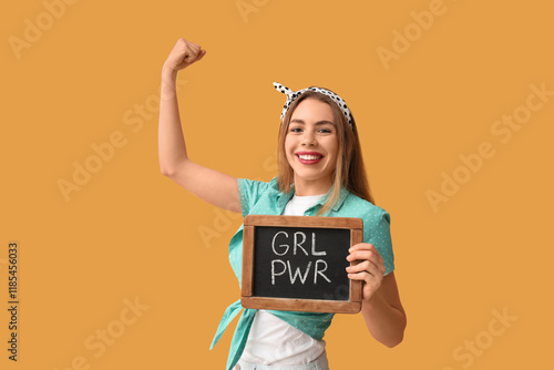 Happy young pin-up woman ho...