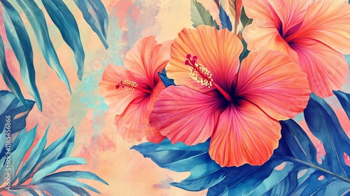 Wallpaper Mural Tropical hibiscus flowers with lush leaves, vibrant colors, and soft lighting. Torontodigital.ca