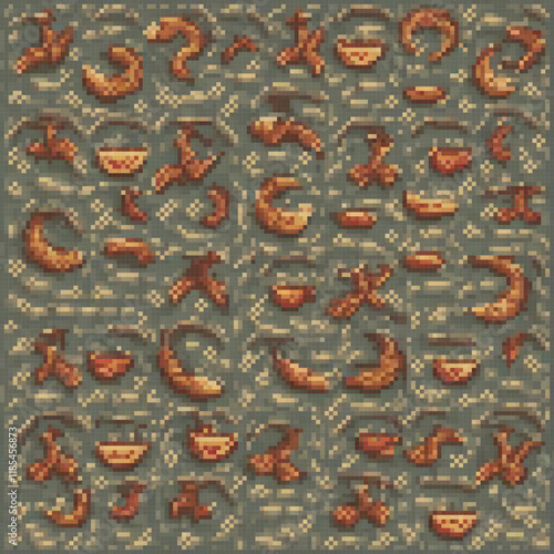 Pixel art cross stitch patterns featuring diverse symbols for crafters.