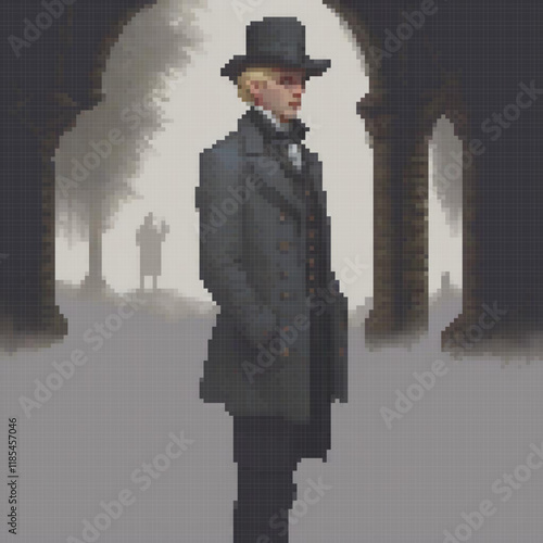 Vintage pixel art: A stylish man in a top hat and coat at an archway entrance.