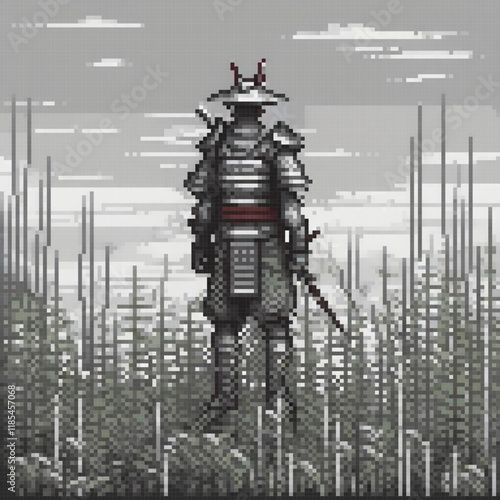 Samurai in pixel art, poised in a serene field.