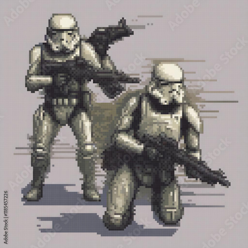 Pixel art of two stormtroopers, ready for battle with their iconic blasters.