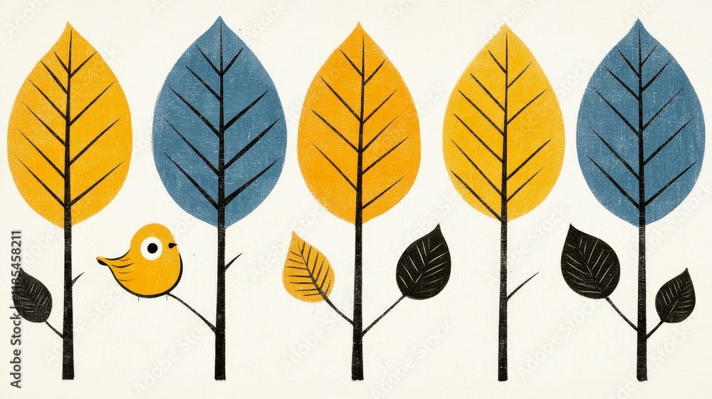 Fototapeta premium Stylized Autumnal Treetops with a Small Yellow Bird