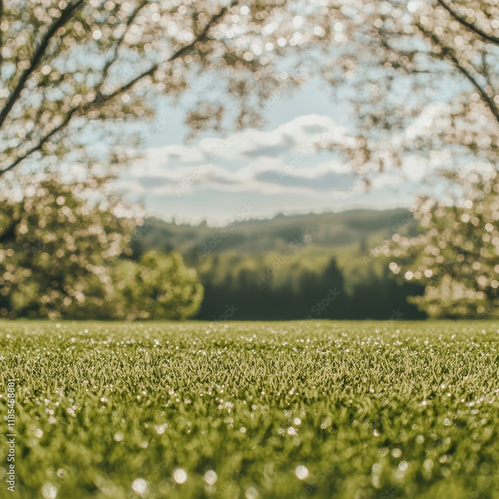 Serene Spring Lawn Lush Grass Trees Blue Sky Serene Spring Lawn Lush Grass Trees Blue Sky