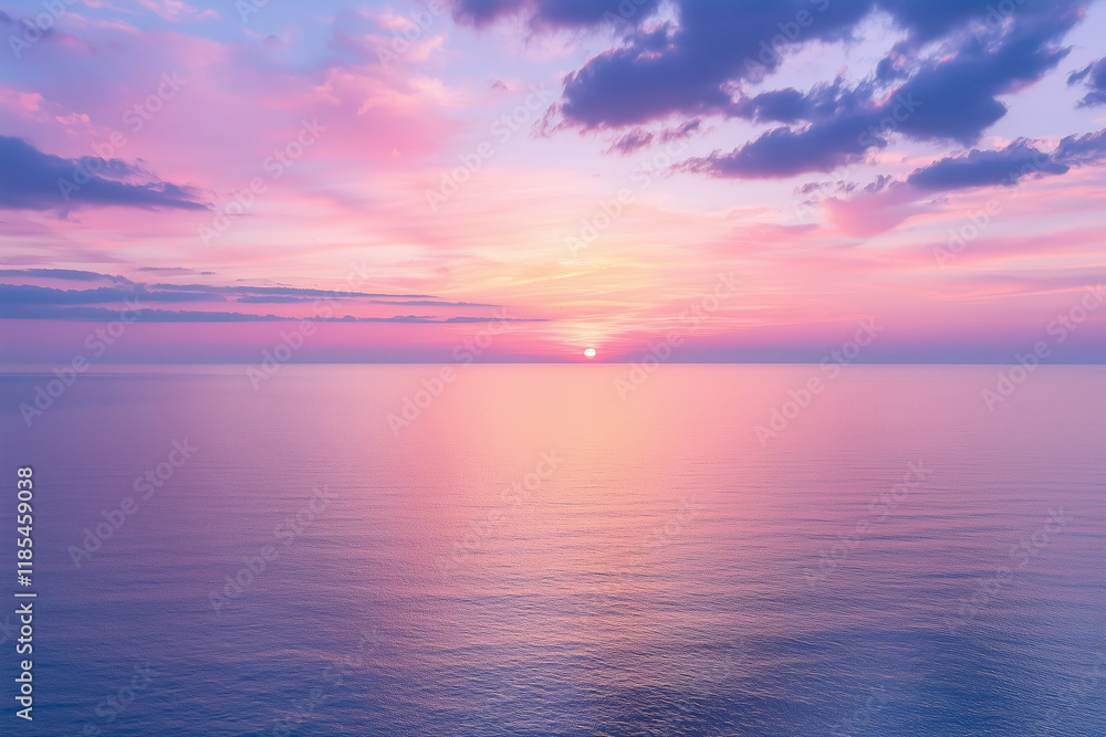 Obraz premium breathtaking sunset over calm ocean, showcasing vibrant pink and purple gradients in sky. serene waters reflect stunning colors, creating peaceful atmosphere
