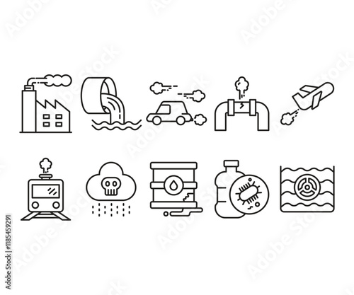 air pollution and contamination line icons set