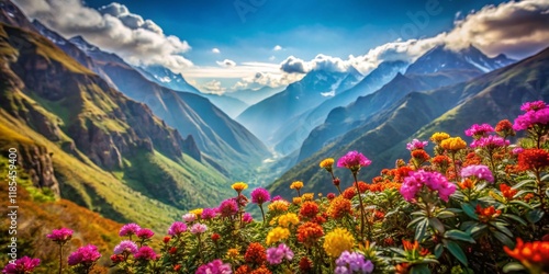 Vibrant Wild Himalayan Herbs Blooming in Taplejung, Nepal - Aerial Close-up photo