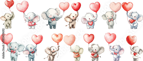 baby elephant holding balloon for valentine watercolor clipart