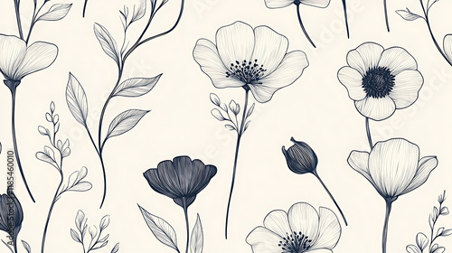 Seamless Pattern of Minimalist Line-Drawn Illustrations