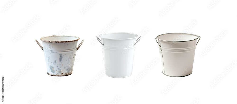 White metal bucket with handle, white background White metal bucket with handle, white background