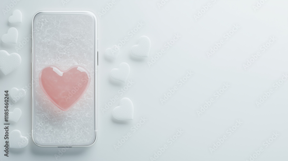 Heartfelt Connection: A minimalist composition with a single pink heart centered on a smartphone screen, surrounded by white hearts, symbolizing love, connection, and digital communication. Heartfelt Connection: A minimalist composition with a single pink heart centered on a smartphone screen, surrounded by white hearts, symbolizing love, connection, and digital communication.