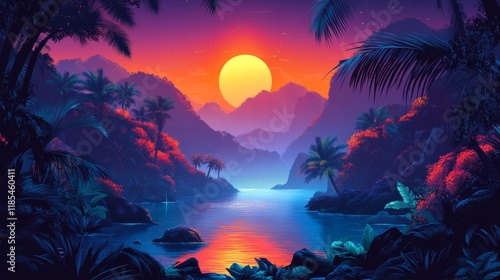 Vibrant Sunset over a Tropical Valley with Calm Water