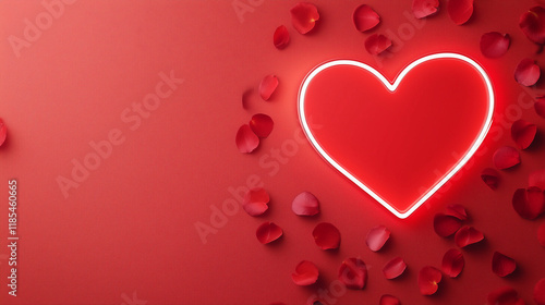 Valentine's Day Neon Heart: A glowing neon heart symbol, surrounded by scattered rose petals on a soft red background.
