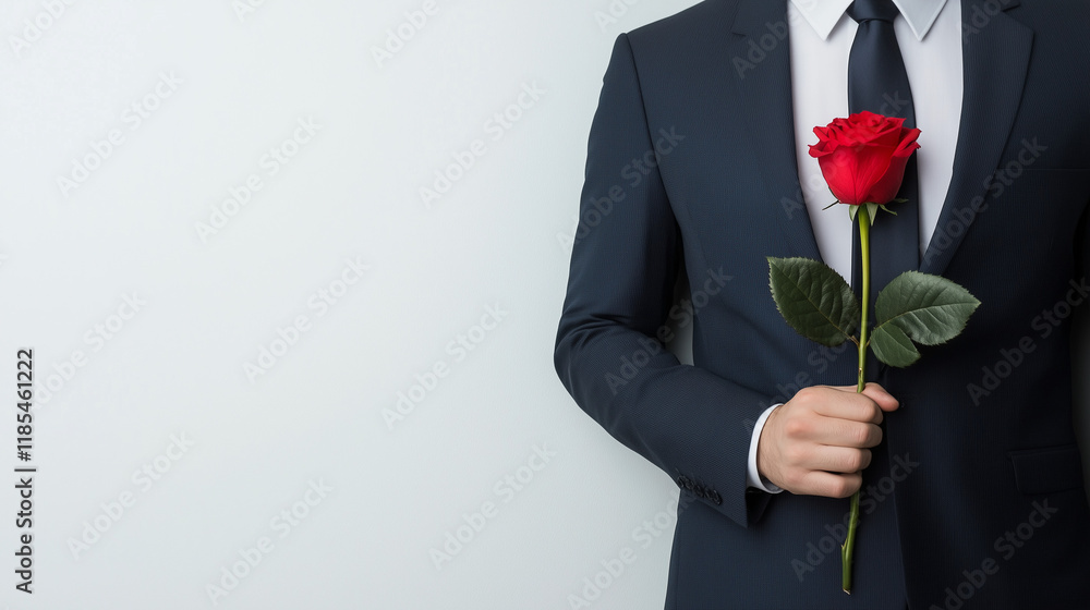 Gentleman in Suit Holding Red Rose: A man in a navy suit with a crisp white shirt and a tie holds a single red rose, a timeless gesture of love and romance.  The composition is simple.