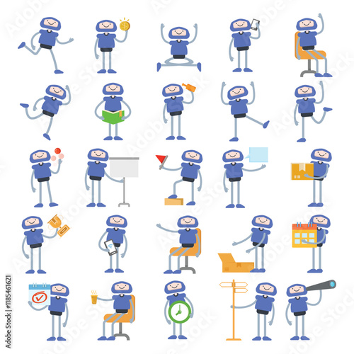 cute robot characters in different poses vector illustration set