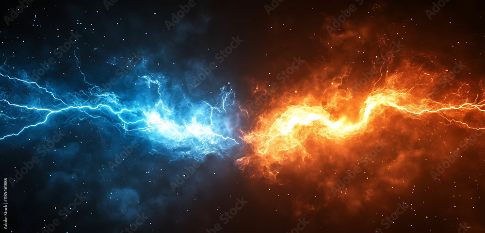 Fototapeta premium A dynamic clash of vibrant blue and orange lightning bolts against a dark background