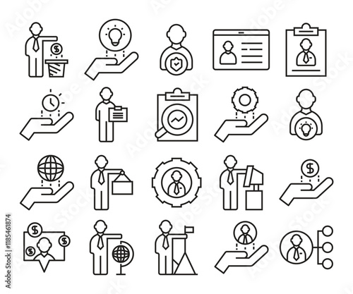 business management and organization line icons set