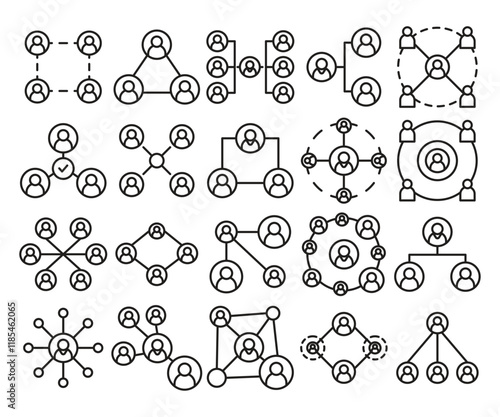 connecting people network diagram line icons set