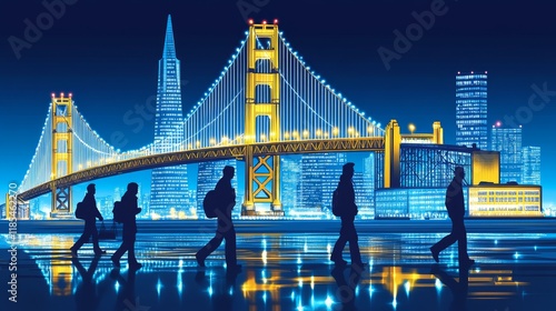 Nighttime Stroll in San Francisco with Golden Gate Bridge Illumination