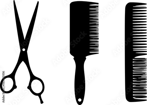 Scissors and hairbrush graphic icon. Sign crossed scissors and hairbrush isolated on white background. Barbershop symbols. Vector illustration
