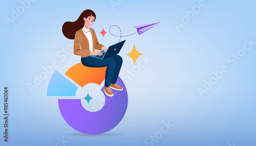 Student using a laptop to research, write reports, and prepare for tests, symbolizing education, learning, and academic achievement in a modern digital environment. Vector