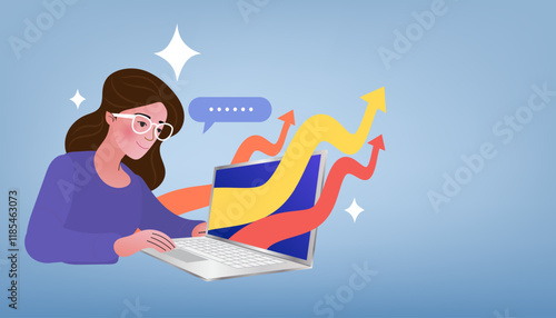 Student using a laptop to research, write reports, and prepare for tests, symbolizing education, learning, and academic achievement in a modern digital environment. Vector