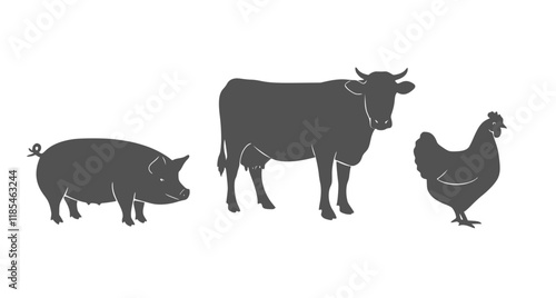 Farm animals graphic symbol. Cow, pig and chicken sign isolated on white background. Livestock symbol. Vector illustration