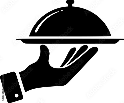 Hand with serving tray. Serving food graphic icon. Sign hand of waiter with tray. Waiter serving. Isolated symbol on white background. Vector illustration