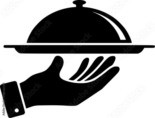 Hand with serving tray. Serving food graphic icon. Sign hand of waiter with tray. Waiter serving. Isolated symbol on white background. Vector illustration