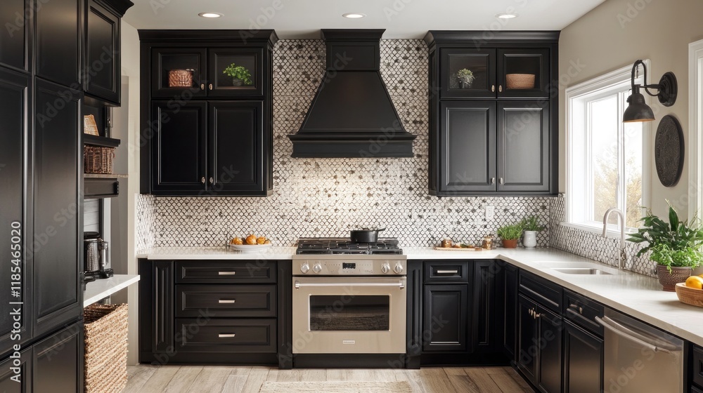 Fototapeta premium Modern Kitchen with Black Cabinets and Stainless Steel Appliances