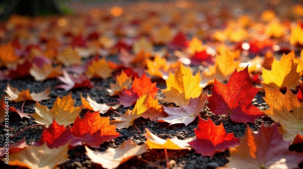 Autumnal splendor a carpet of vibrant red and gold leaves scattered across a dark path, bathed in the warm glow of sunlight. Autumnal splendor a carpet of vibrant red and gold leaves scattered across a dark path, bathed in the warm glow of sunlight.